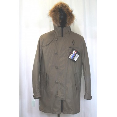 Blauer parka uomo con imbottitura scaccabile e cappuccio con pelo naturale